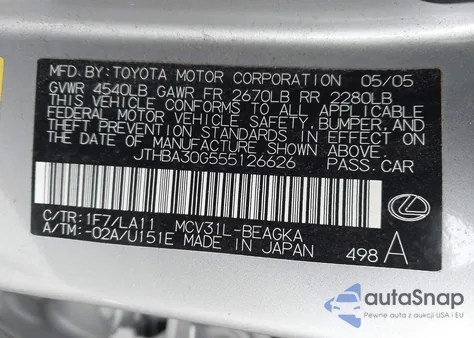 2005 Lexus Es 330 из США, поврежденный, VIN JTHBA30G555126626